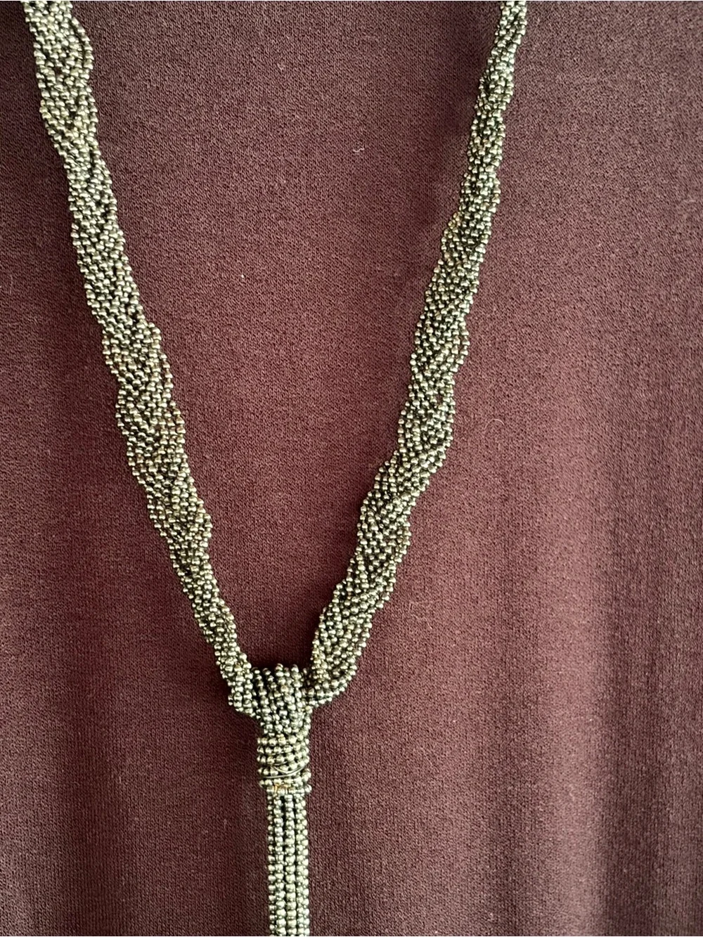 Long Gunmetal Beaded Tassel Necklace Braided Tiny Bead Statement 32”